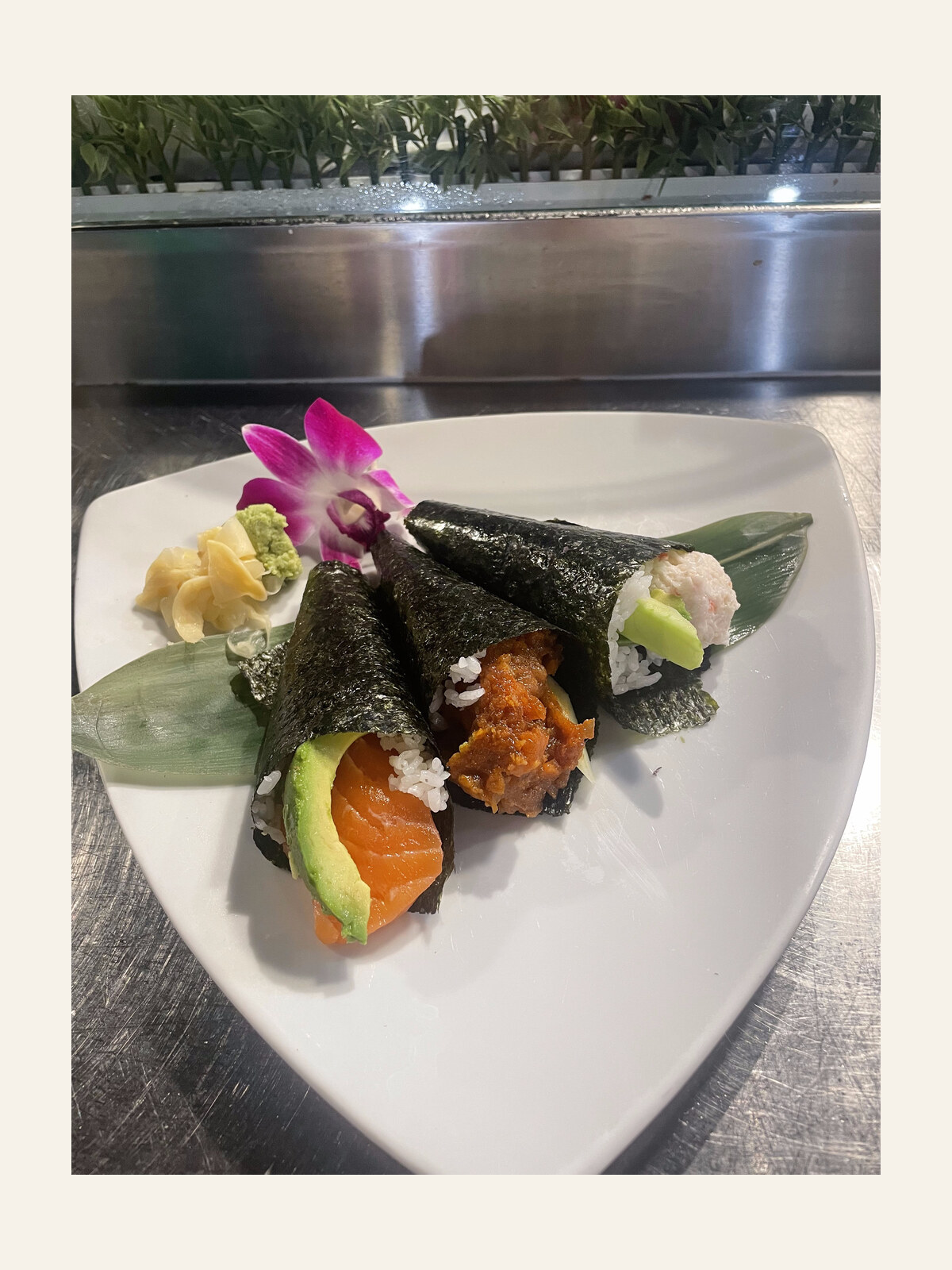 Hand Roll Special with three temaki cones